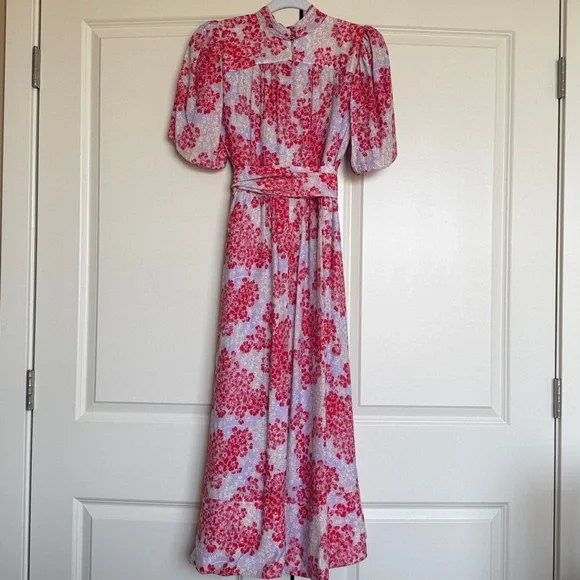 ME+EM 2 Layered Violets Print Midi Dress EUC Belt Lined Floral Fit Flare - Picture 10 of 16